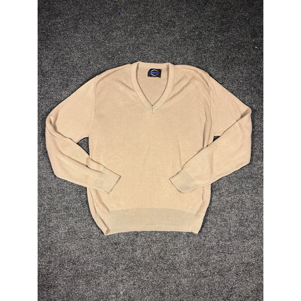 Vintage Late 80s Jantzen Tan Beige V Neck Pullover Sweater Mens Large Old Money